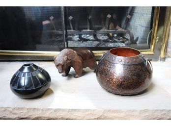 Signed Hand Hammered Bowl, Navajo Pottery And Carved Bear