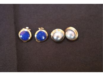 14 Kt  Mother Of Pearl Stud Earrings And 14 Kt  Blue Lapis Stone Clip-on Earrings ½'