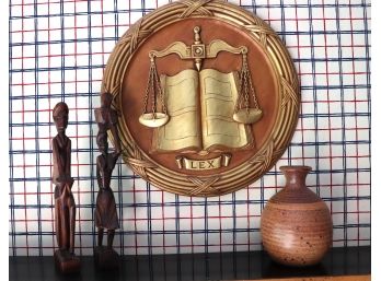14' Lex Law Wall Plaque With Carved Wood Figures And Signed Pottery
