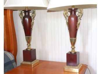 Pair Of Decorative Brass Finished Lamps On Wood Base
