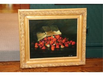 'Strawberries' Signed Oil Still Life By  Van Hunt In Beautiful Gold Frame