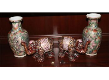 Pair Of Painted Porcelain Elephants And Vases