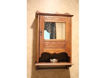 Antique Carved Wood Medicine Cabinet Wall Shelf With Mirror