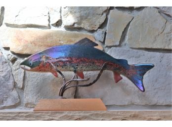 Signed  Handmade Glass Fish By Artist Crystal Catch On Wood Base