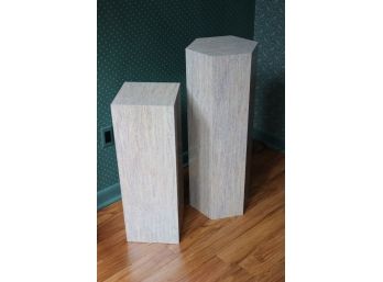 Set Of 2 Formica Pedestals With Travertine Look 30' & 36' Tall