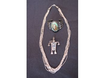 Sterling Navajo Necklace, Bracelet With Turquoise Stone And Pin
