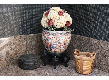 Beautiful Floral Asian Pot With Stand And Baskets