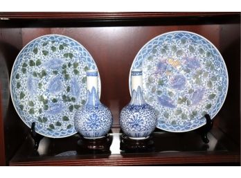 Pair Of Blue Chinese Floral Plates With Vases On Stands