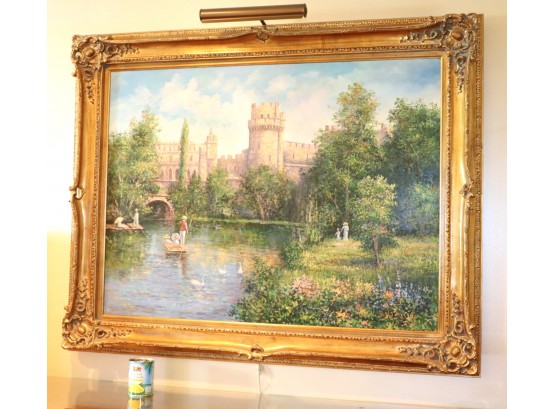 Large Romantic Decorative Landscape Oil Painting Signed By Panther In Gold Frame With Light