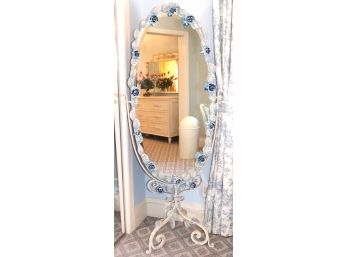 11.	Beautiful Pastel / White Iron Oval Floor Mirror With Roses / Leaves Made In Florence Italy