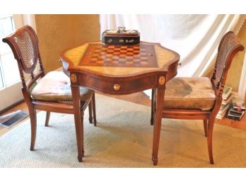 20.	Maitland Smith 2 Sided Card / Game Table With Leather Top And Brass Detail & Meroni Italian Made Chairs