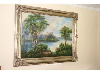 Large Oil Painting With Egrets In The Distance In Carved Silver Leaf Frame