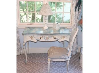 Hand Painted Country French Design Desk W/ Hand Painted Floral Detail & Louis XVI Style Chair, Made In Italy
