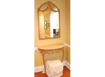 Louis XV Style DemiLune Carved Wood Table W/ Beige Marble Top Table Made In Florence With Matching Mirror