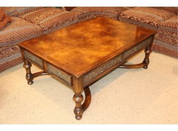Theodore Alexander Burlwood Coffee Table With Detailed Carved Apron And  2 Drawers On Each Side