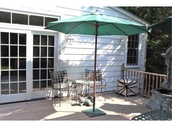 Two Outdoor Chairs By Brown Jordan With Table, Umbrella And Metal Garden Frog (Hose Reel Not Included)
