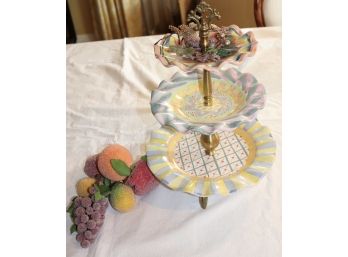 MacKenzie - Childs 3 Tier Sweet Stand With Decorative Fruit