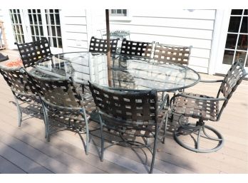 Outdoor Patio Furniture Set By Brown Jordan With Tempered Glass Table And 8 Chairs, Shows Discoloration
