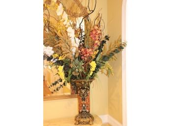 Large Decorative Vase With Faux Flowers Versace Design Crackled Finish On Bronze Base With Stamp
