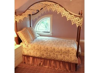 Maple Twin Size Canopy Bed With Crocheted Cover And Decorative Finials