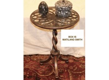 18' Round Metal And Glass Side Table With Maitland Smith Coral Design Box And Marble Egg