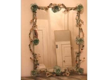 Gorgeous Hand Painted Floral Italian Iron Mirror With Murano Glass Flowers Amazing Detail Throughout, Made