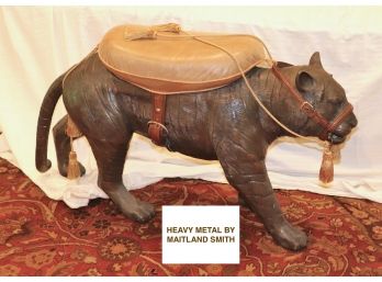Large Maitland Smith Bronze Tiger Statue With Leather Seat, Harness And Tassel Detail