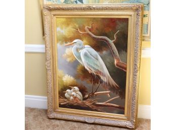 Large Signed Oil On Canvas Egret Birds In Decorative Gold Frame