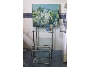 Metal And Glass Shelf With Castle Painting And Blue Glass Perfume Bottle From Neiman Marcus