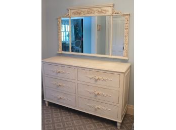 Country French Style 6- Drawer Dresser With Beautiful Carved Floral Mirror