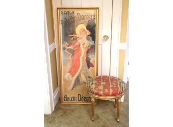 Vintage French Poster 'Arlette Dorgere' With Louis XVI Style Gilded Stool With Custom Silk Fabric