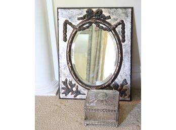 Carved Antique Silver Finished Wood French Ribbon Mirror With Beveled Glass And Decorative Glass Box