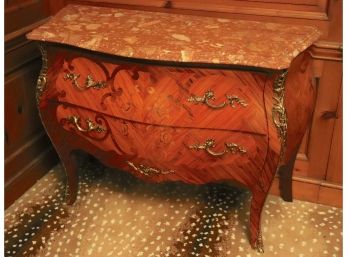 Louis XV Style Italian Inlay Bombay Chest With Bronze Ormolu Mounts, Floral Wood Inlay Design And Marble