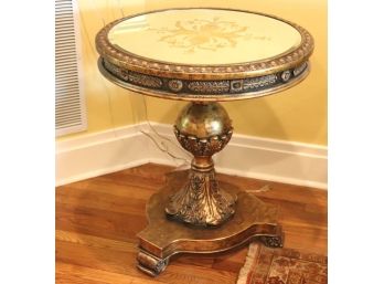 28' Round Italian Side Table With Gold Florentine Detail Mirror Top