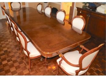 Quality Italian Burl Wood Inlaid Dining Room Table & Chairs W/ Scrolled Inlay Design Double Pedestal W/ Brass