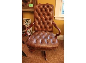 Chesterfield Style Leather Swivel Goose Neck Arm Chair Shows Wear Needs Repair