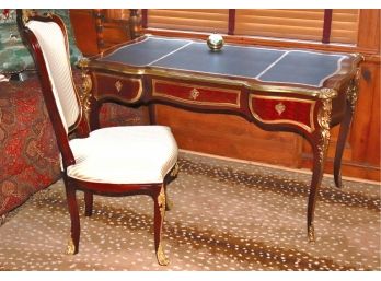 Louis XV Style Bureau Plat (Desk), 3 Drawers W/ Black Leather Embossed Top, Bronze Ormolu, W/ Matching Chair