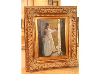 Signed Oil Painting On Wood Panel In Gold Carved Wood Frame