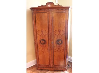 Large Italian Burl Walnut Inlay Bar Cabinet With Lights, Key, And Smoke Glass Mirrors Inside ( Contents No