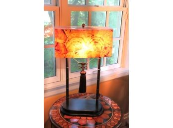 Maitland Smith Lamp With Amber Colored Shade And Brass Chain Detail
