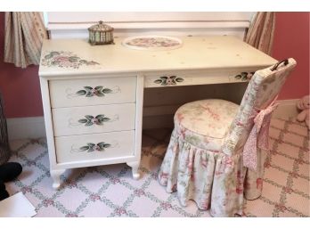 Hand Painted Country French Style Floral Desk Signed By Artist Sue Oakin With Custom Chair