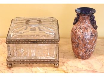 Beautiful Hand Blown Murano Glass Vase And Glass Box With Bronze Finish Detail