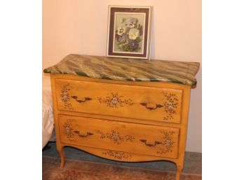 Hand Painted Dresser With Floral Detail And Painted Top And Signed 3 Dimensional Art By Rose 79, Made In Italy