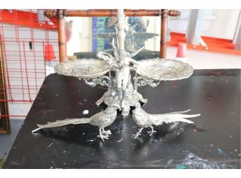 Large Silver Plate Fairy Centerpiece With Metal Birds