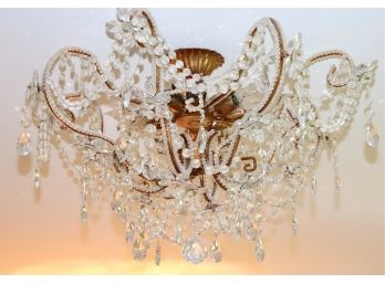 Beautiful Iron And Crystal Chandelier With 8 Lights Beaded Flush Mount. Made In Florence Italy.