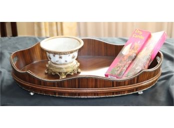 Large Wood Tray And Decorative Ceramic Bowl On Brass Base With Drip Candles