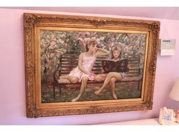 Oil Painting On Canvas ' Girls Sitting On Bench'  In Beautiful Gold Frame