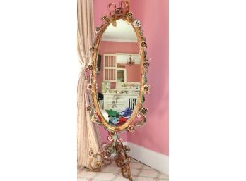 Beautiful Pastel Multicolor Iron Oval Floor Mirror With Roses / Leaves Made In Florence Italy