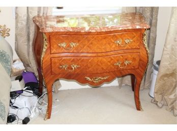 Two Comodes With Marble Tops: Italian Inlay Louis XV Style Rosewood Nightstand And Larger Commode With Mar