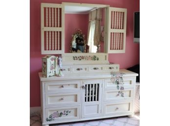Large Hand Painted Country French Style Dresser With Mirror Signed By Artist Sue Oakin 2001